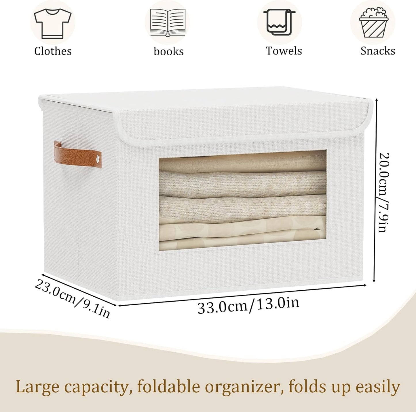 Fabric Storage boxes, 13 x 9.1 x 7.9 inch Blanket Baskets for Shelves with Lids, Cubes with Handles, Decorative Linen Closet Organizers Bins, White, 3-Pack