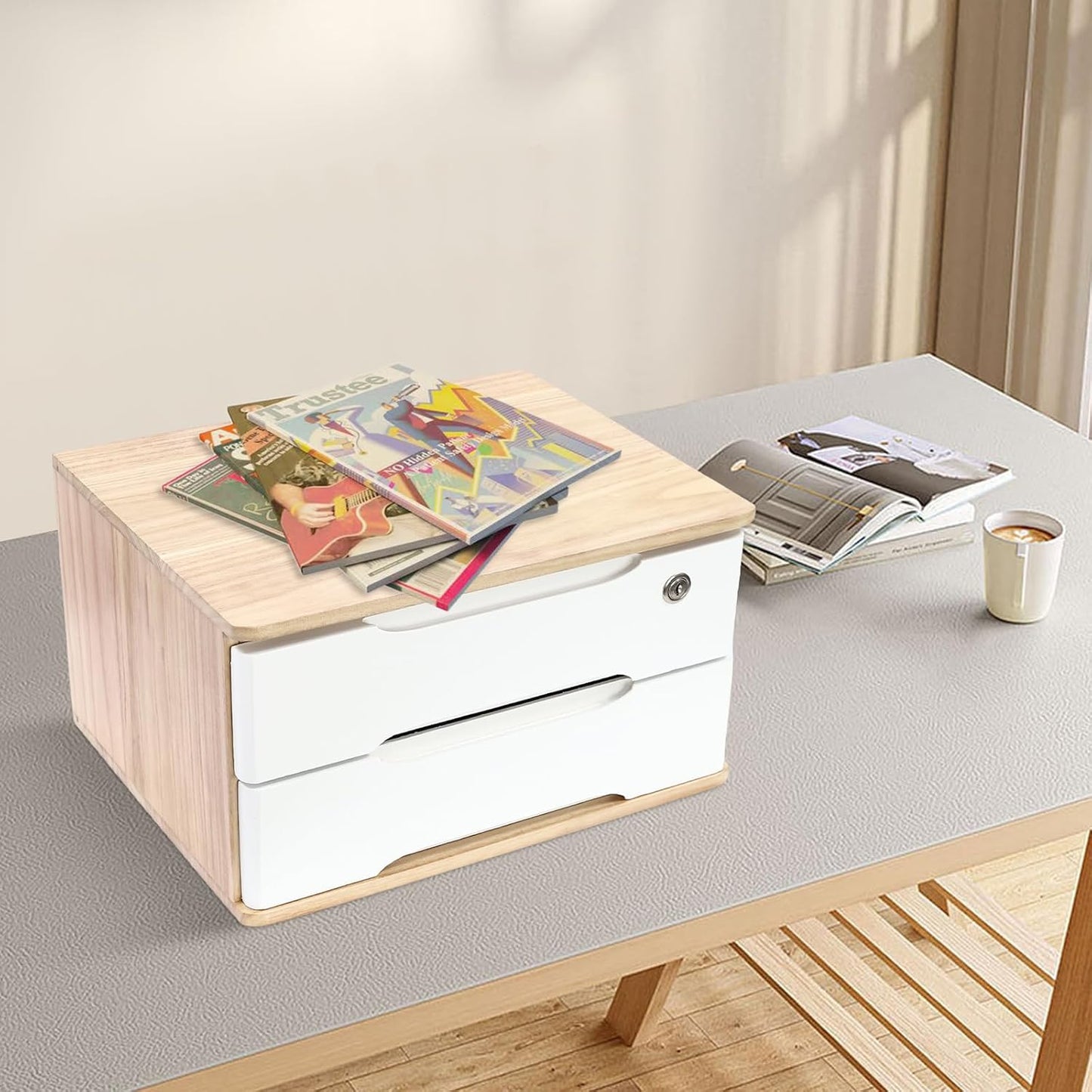 2-Tier Wooden Desktop Storage Box Desk Organizer with 2 Drawers and Lock Countertop Drawers Organizer for Office Supplies File Paper Cosmetic Jewelry, 15.4x11.8x8.5 in (Light Brown and White)