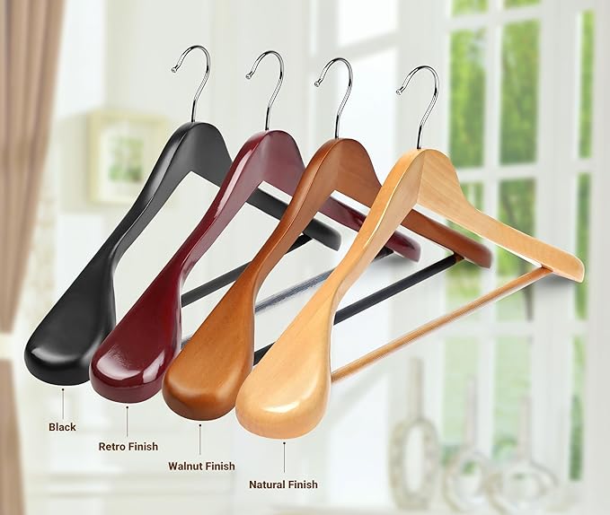 Coat Hanger 8-Pack, MEQUTION Wood Hangers Trouser Hangers Extra Wide Shoulder Wooden Hangers for Heavy Coat, Sweater, Skirt, Suit, Pants, Retro Finish (Black)