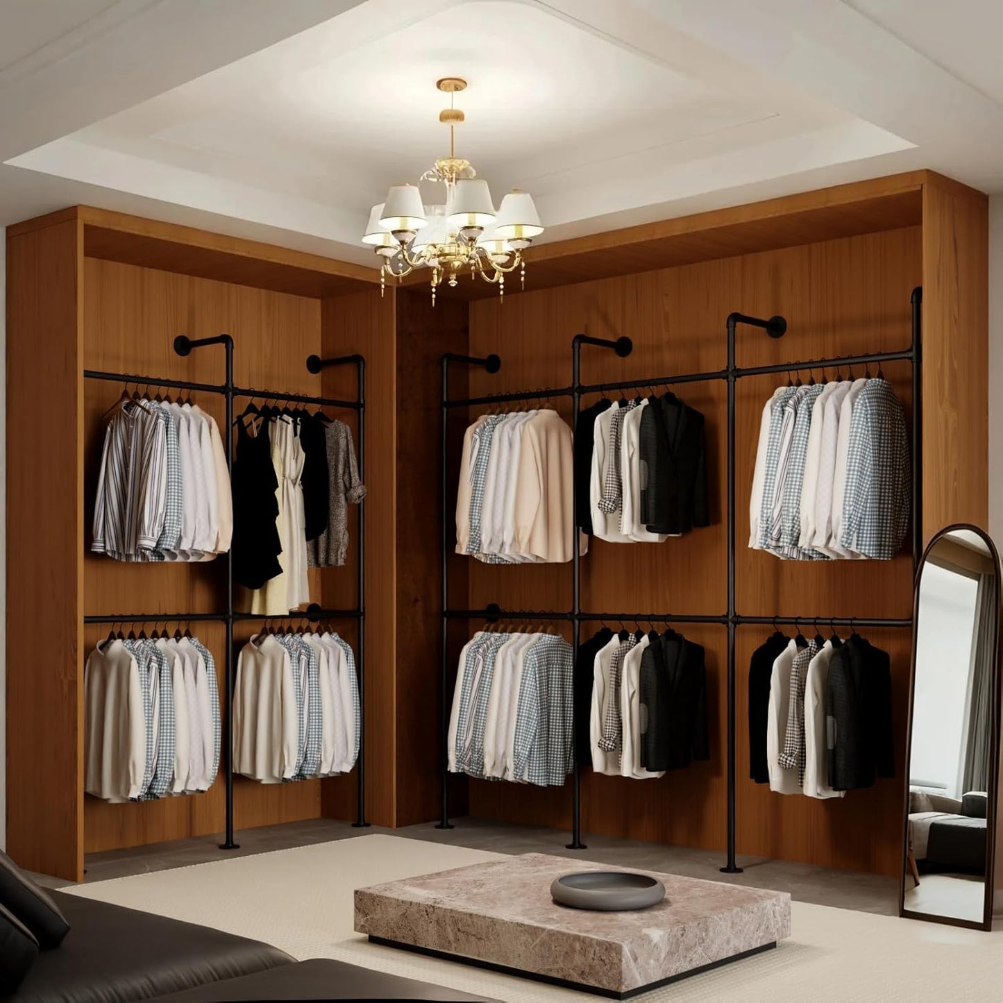 Industrial Pipe Black Clothing Racks Wall Mounted, Rustic Industrial Pipe Clothes Rack Design - Stylish & Heavy Duty Corner Garment Racks, Perfect for Home or Retail Display