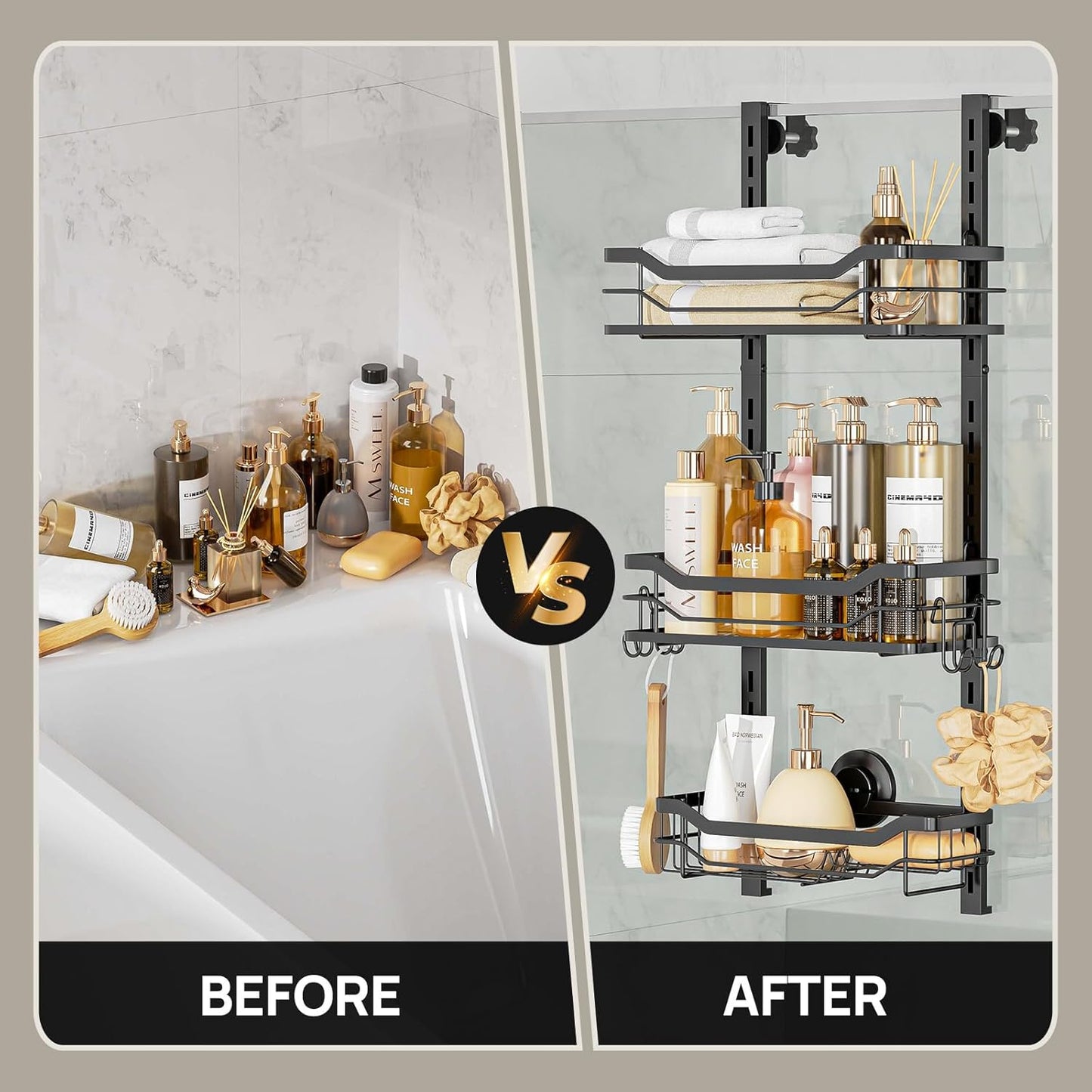 LEVERLOC Over The Door Shower Caddy, Shelf Distance Adjustable Hanging Rack Sturdy Rust Proof Bathroom Shelves with Strong Suction Cup, Shower Organizer Basket Storage Rack, Metal Black