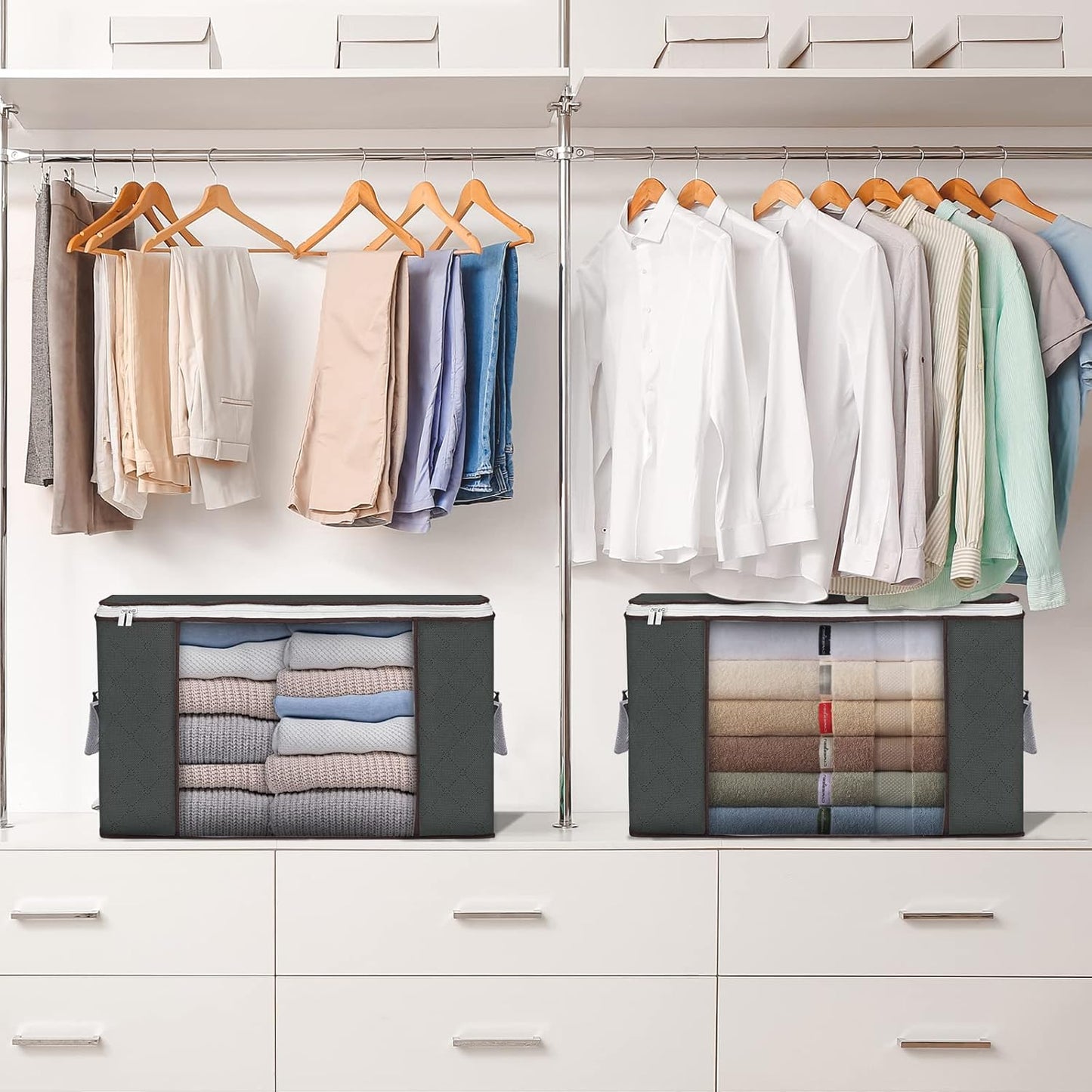 Large Storage Bags, 2 Pack Clothes Storage Bins Foldable Closet Organizers Storage Containers with Durable Handles Thick Fabric for Blanket Comforter Clothing Bedding 90 L