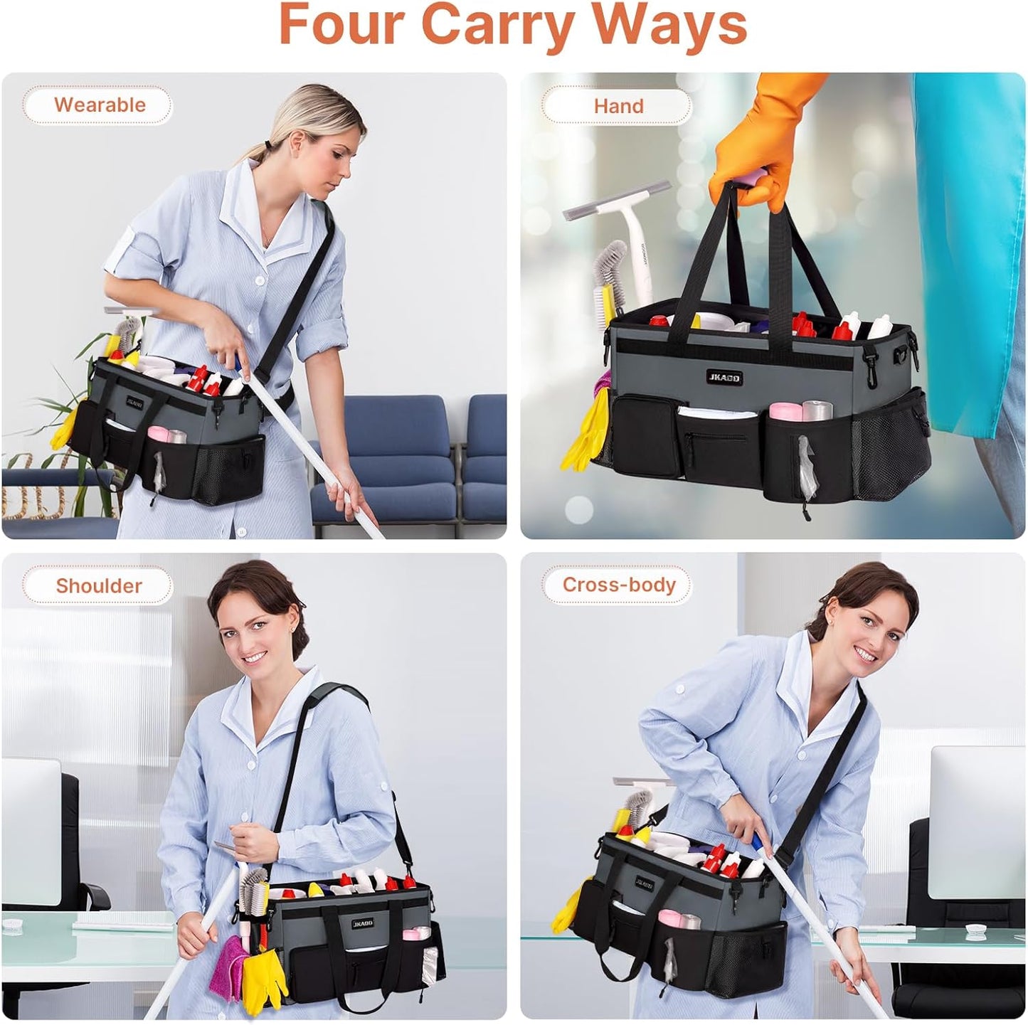Large Wearable Cleaning Caddy Bags,Cleaning Supplies Storage Bag with Handles and Adjustable Shoulder Strap and Removable Waist Straps,Waterproof Cleaning Bags for Home,Car,Office (Gray)
