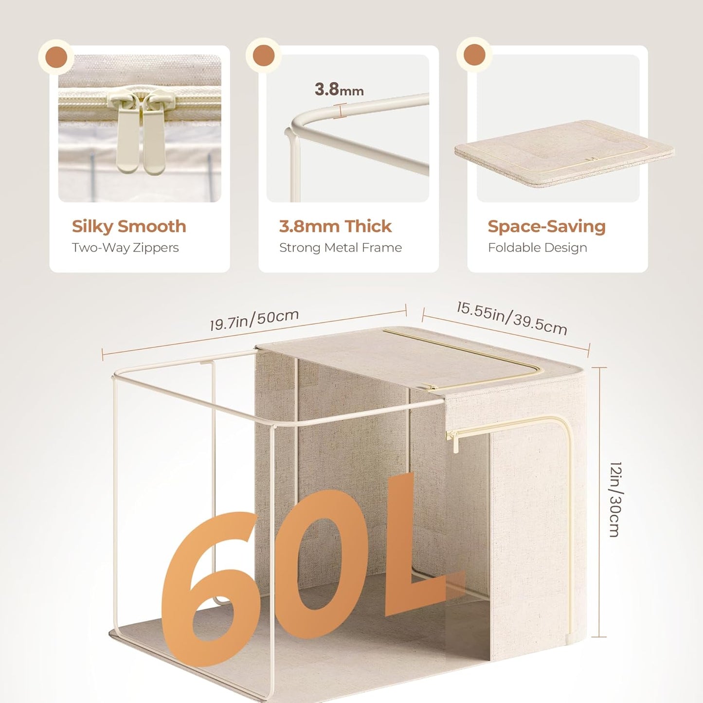 6Pack 60L Large Cloth Storage Bins with Metal Frame, Linen Storage Box with Clear Window, Stackable Sweater Storage for Closet, Clothes Containers for Comforters, Blankets, Quilts, T-shirt