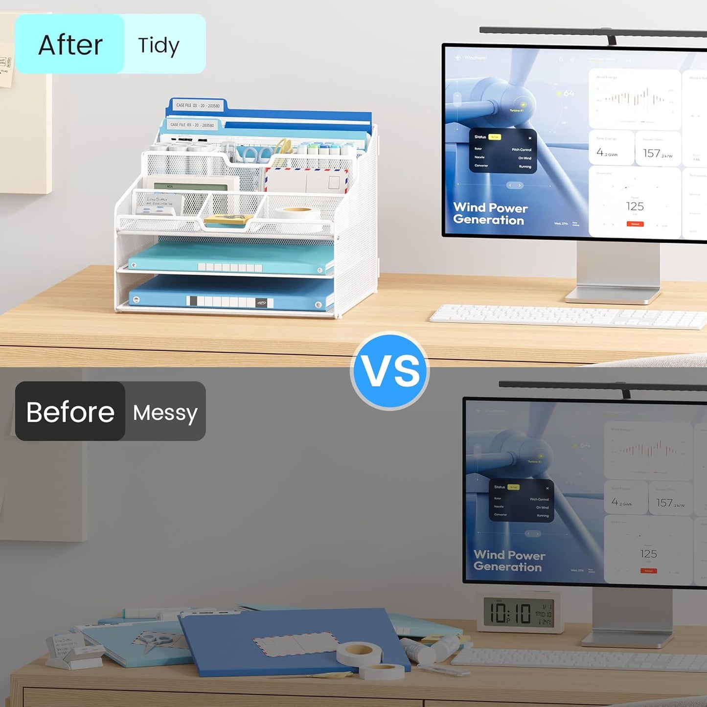 Lavatino Desk Paper File Organizer - Metal Mesh with 2 Letter Trays, 7 Flexible Dividers, 2 Vertical File Folder Holders for Office/Home/Classroom Supplies, Desk Organizers and Accessories, White