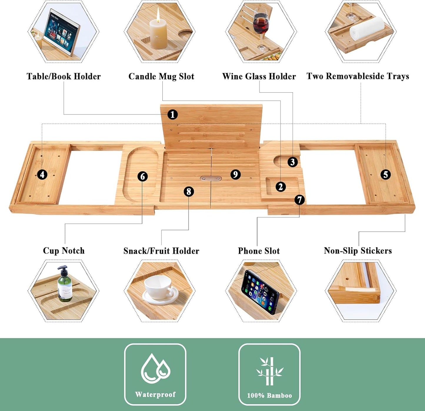 AUTODECO Bathtub Tray, Bamboo Bath Tray for Tub, Expandable Bath Tray with Bamboo Book Stand, Soap Tray, Bathtub & Bathroom Accessories Perfect for Home Spa, Natural Colour