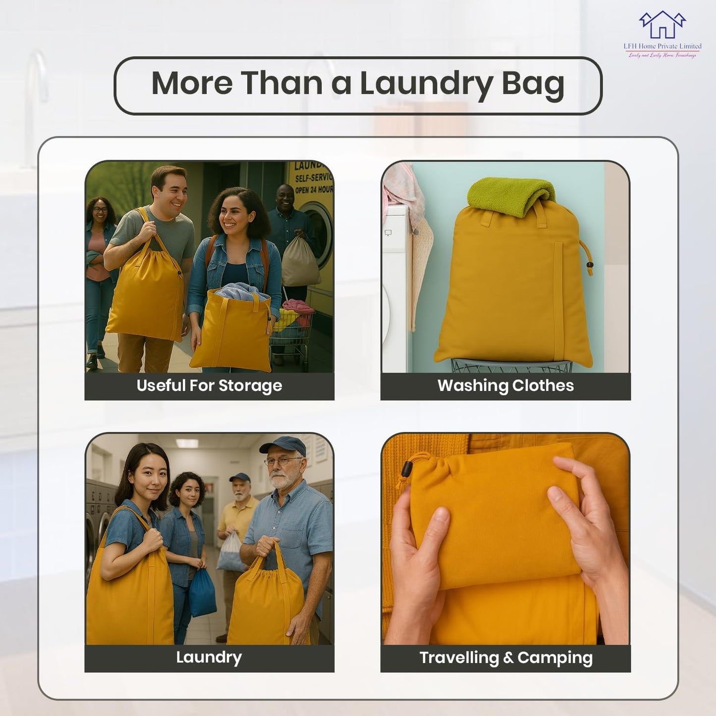 LFH Home Cotton Canvas Large Laundry Bag with Handle, Heavy Duty Drawstring Closure Washable Laundry Bags, School Travel, Home, Hotel, College Dorm, Organizer Sack, Toys Clothes 20x30-Yellow
