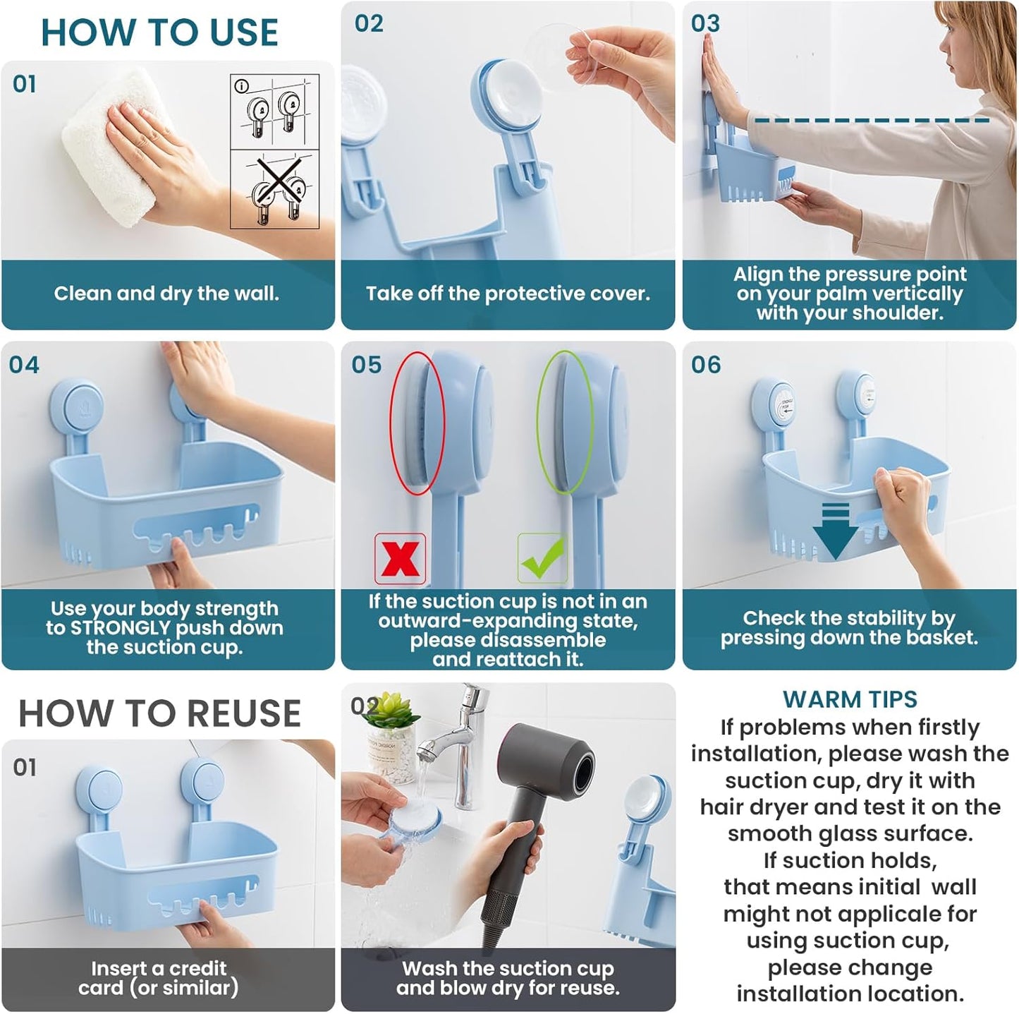 TAILI Shower Caddy Suction Cup, Heavy Duty Bathroom Organizer, Removable Shelves for Inside Shower, Shampoo, Waterproof Suction Plastic Storage for Bathroom Accessories Holder, Blue