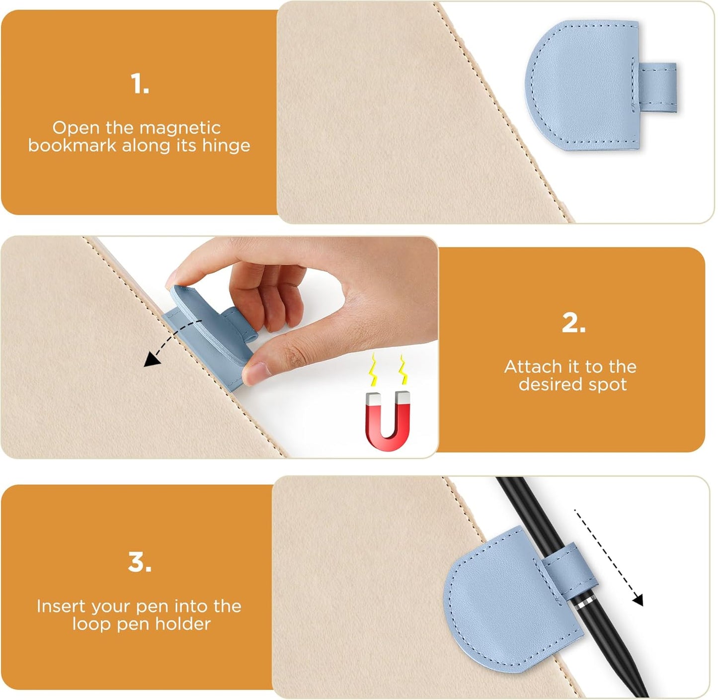 Magnetic Pen Loop Holder, Pencil Holder for Notebooks, Journals, Calendars, PU Leather 3 Pack