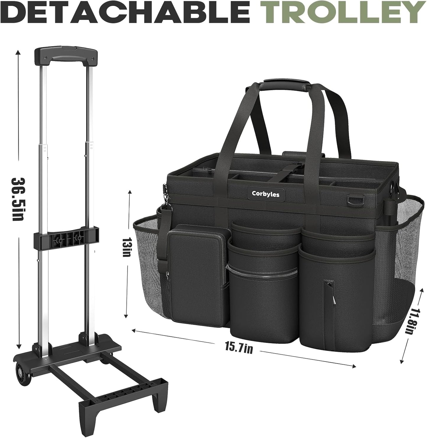 Rolling Cleaning Caddy Bag with Detachable Trolley, Cleaning Supplies Organizer Cart on Wheels, Cleaning Supply Caddy for Housekeepers, Large Professional Detailing Bag Tote for Home, Car (Black)