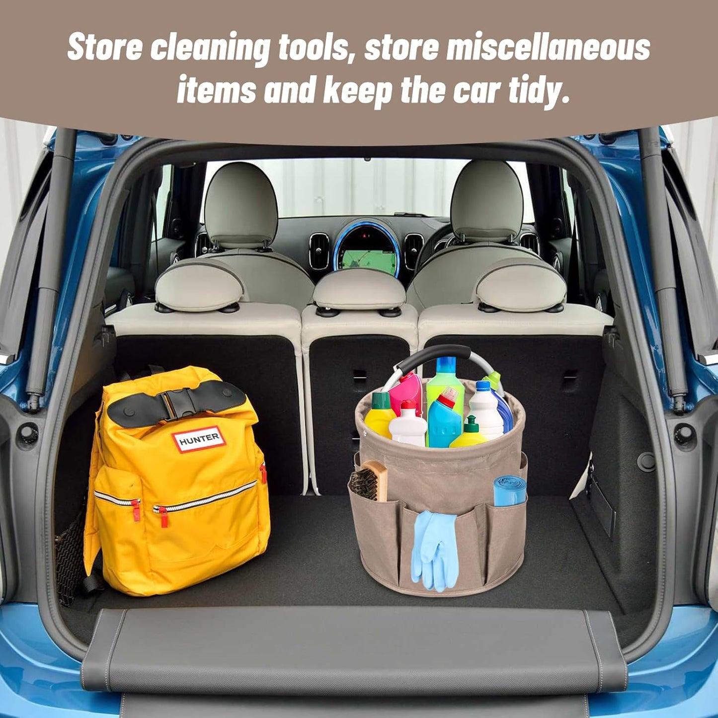 Cleaning Caddy with Handle, 17L Cleaning Supply Caddy Foldable Bucket Organizer Cleaning Products Organizers Cleaning Tools Bag 4.5 Gallon (Khaki)