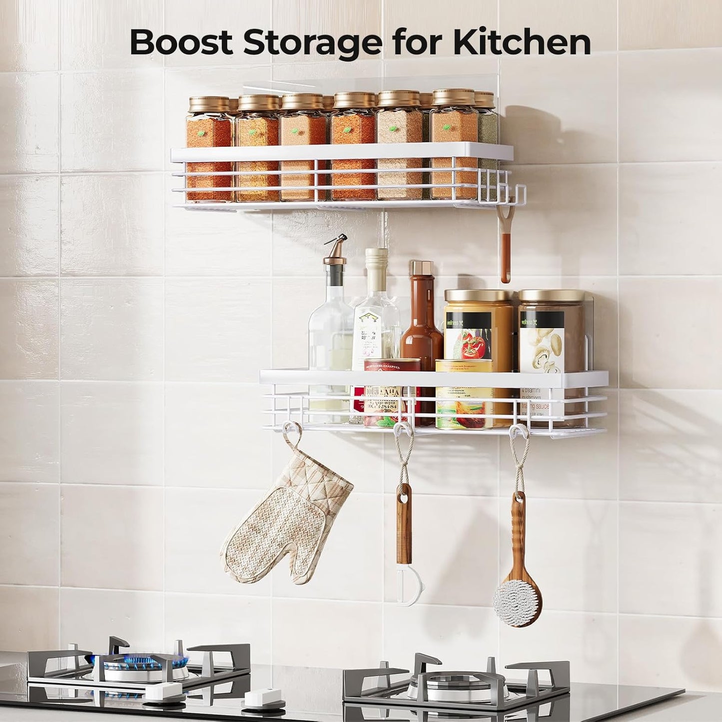 Orimade Shower Caddy with 5 Hooks for Hanging Razor and Sponge Adhesive Shower Shelf Basket Bathroom Storage Organizer Kitchen Rack No Drilling Stainless Steel Rustproof - 2 Pack,White