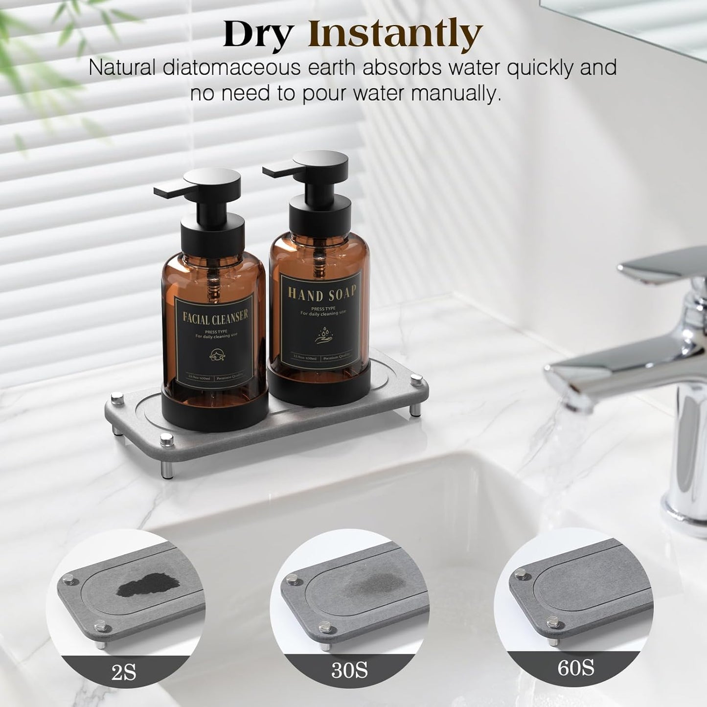 Luxspire Foaming Soap Dispenser, Non-Slip Hand Soap Dispenser with Fast Drying Tray, 15oz Glass Refillable Liquid Bottle for Bathroom & Kitchen, 2 Pack, Brown + Dark Gray
