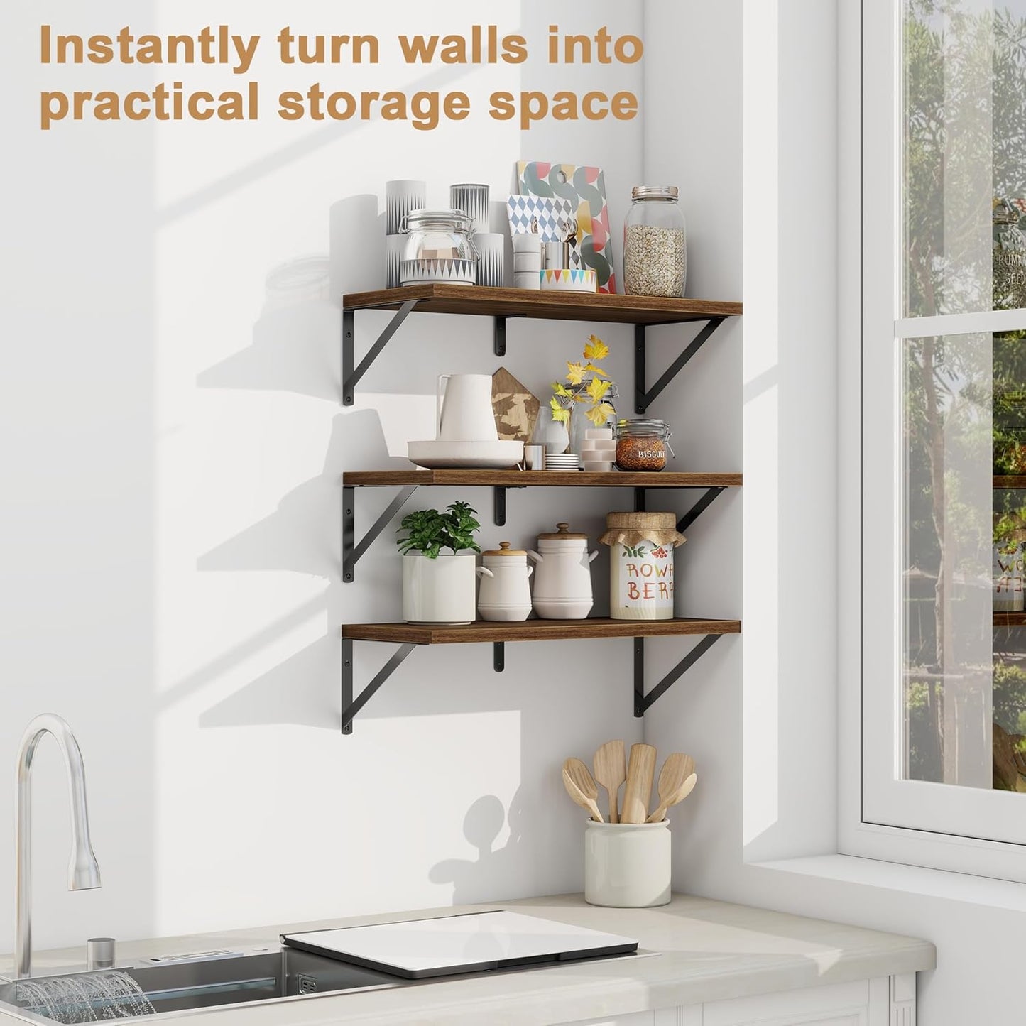 Fun Memories Floating Bookshelves, Set of 3 Wall-Mounted Wood Shelves 24" W x 8" D, Decorative Wall Shelf for Living Room, Bedroom, Bathroom, and Laundry Room (Walnut)