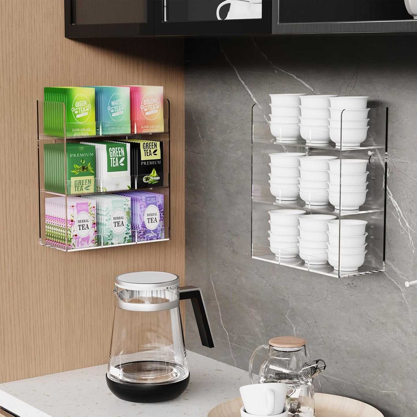 Acrylic Tea Bag Organizer, 3 Layers Tea Bag Holder for Tea Packets, No Assembly Required, Wall Mount Display Tea Caddy for Countertop or Cabinet, 9 Slots