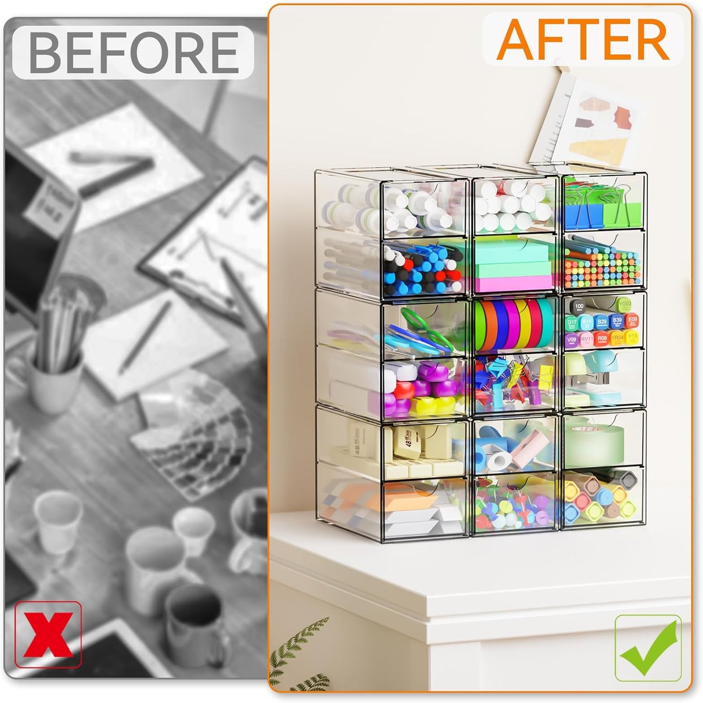 Yieach 9 Pack Small Acrylic Drawers With 18 Drawers,Clear Drawer Organizers Stackable,School,Office Supplies Organizer And Storage Bins for Stationery,Pen,Pencil,Craft,Glasses,Sunglass Organizer Case