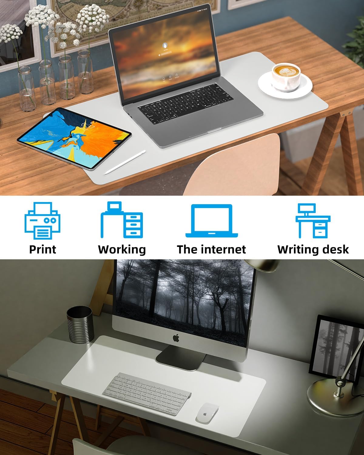 Leather Desk Protector, Office Laptop Mat - Non-Slip PU, Waterproof Writing Pad (31.5"x15.7", Ivory White)