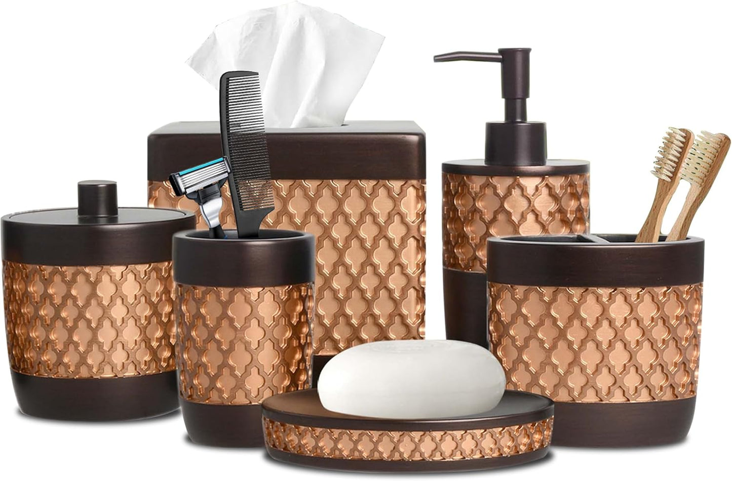 6-Piece Bathroom Accessories Set – Soap Dispenser, Toothbrush Holder, Tumbler, Soap Dish, Cotton Swab Jar & Toilet Brush – Modern Bathroom Decor Set (Wally)