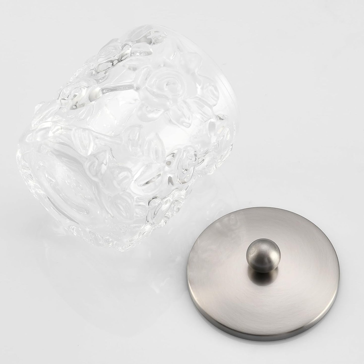 Clear Transparent Apothecary Floral Embossed Glass Jar With Satin Nickel Metal Lid Cover for Bathroom Organization, Cotton Balls, Q Tips, and Small Accessories, Bathroom Storage