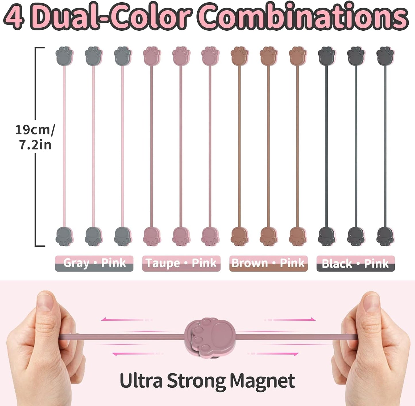SOOOEC Cute Cat Paw Magnetic Cable Ties – 24 Pack, Reusable Silicone Cord Organizers for Home & Office, Strong Magnetic Hold, Double-Sided Colors, Perfect for Cable Management and Gift Idea