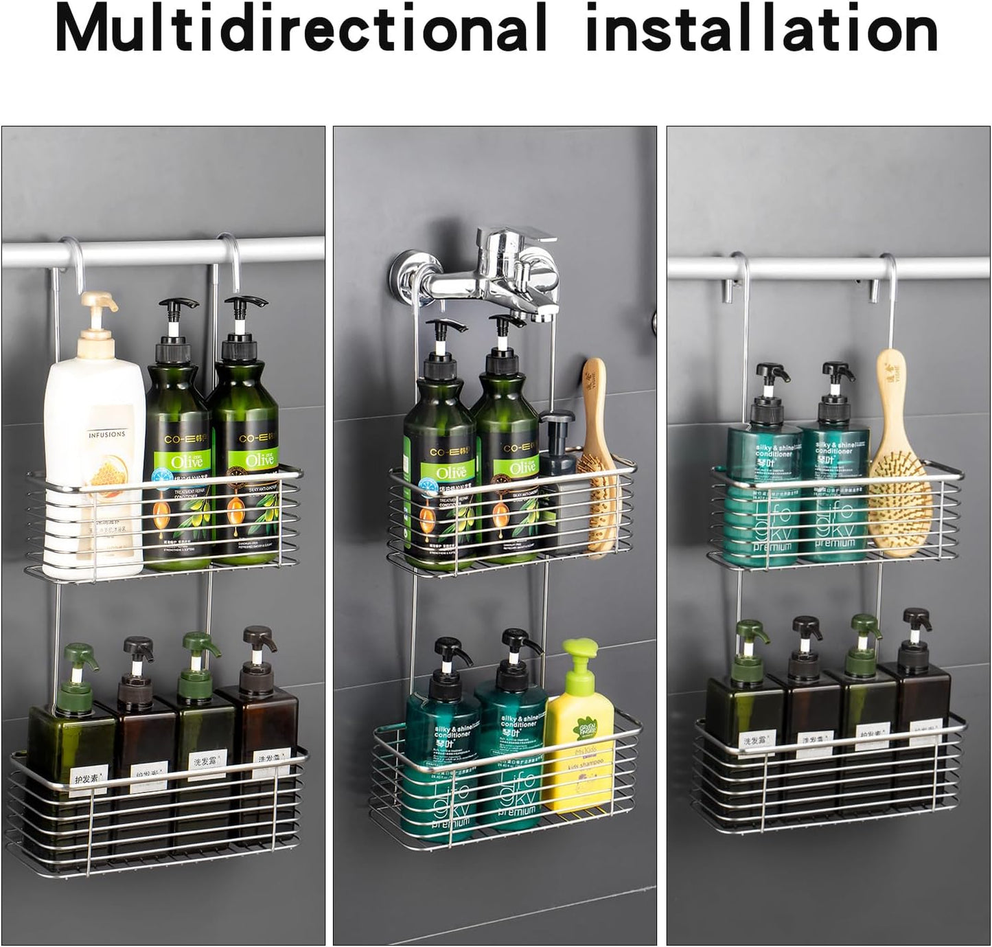 YQh Stainless steel double-layer shower rack, shower room hanging bathroom organizer, storage rack installed on the hanging bar or door, can store shampoo, hair conditioner, shower gel (double)