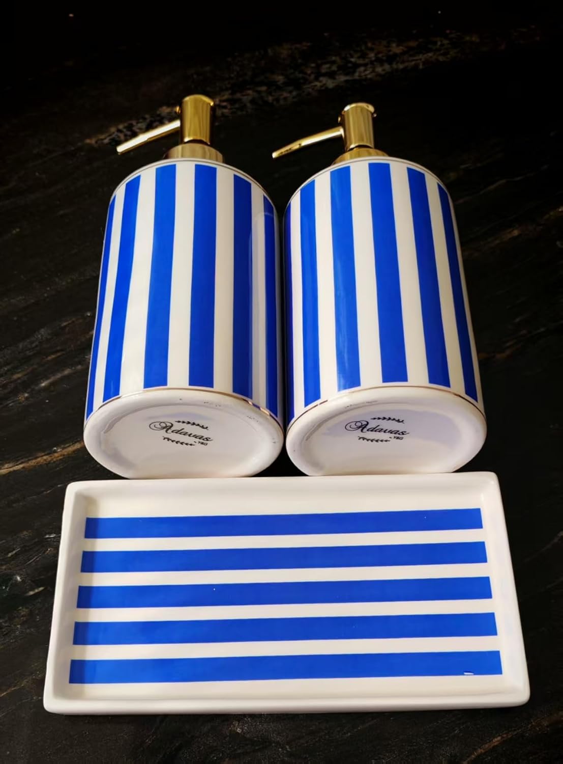 Coastal Blue & White Ceramic Soap Dispenser Set with Gold Pump – 3-Piece Bathroom & Kitchen Accessories with Tray, Refillable Lotion & Dish Soap Pump Bottles for Beach House & Nautical Décor