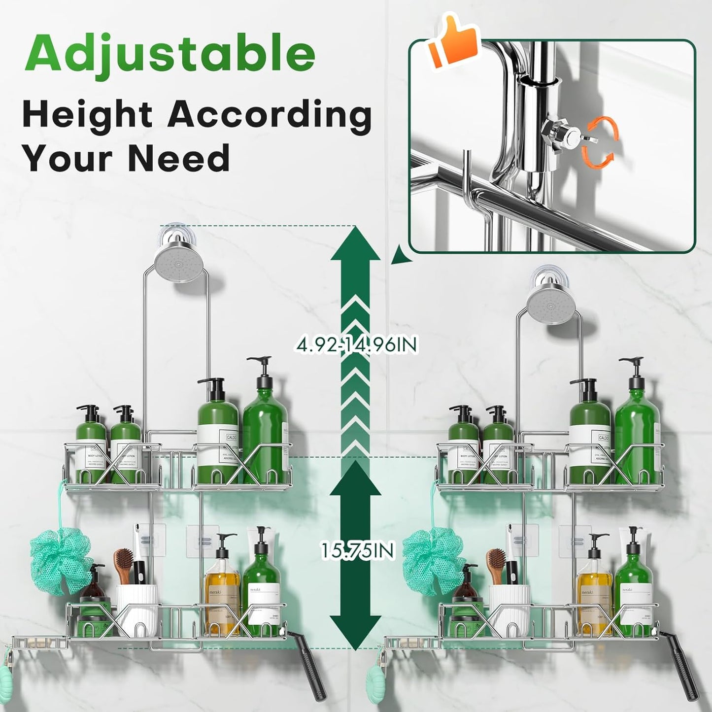 Stainless Steel Shower Caddy for Handheld Shower Heads,Rustproof Hose Shower Organizer Adjustable Length Shower Rack with 24 Hooks,Razor Holder,Soap Holder