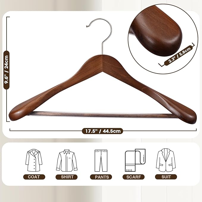 Coat Hangers 10 Pack Suit Hangers for Men for Women,Wide Shoulder Wooden Hangers with Retotating Hooks & Non Slip Pants Bar,Smooth Finish Suit Hanger for Sweater, Pants, Heavy Clothes(Walnut)
