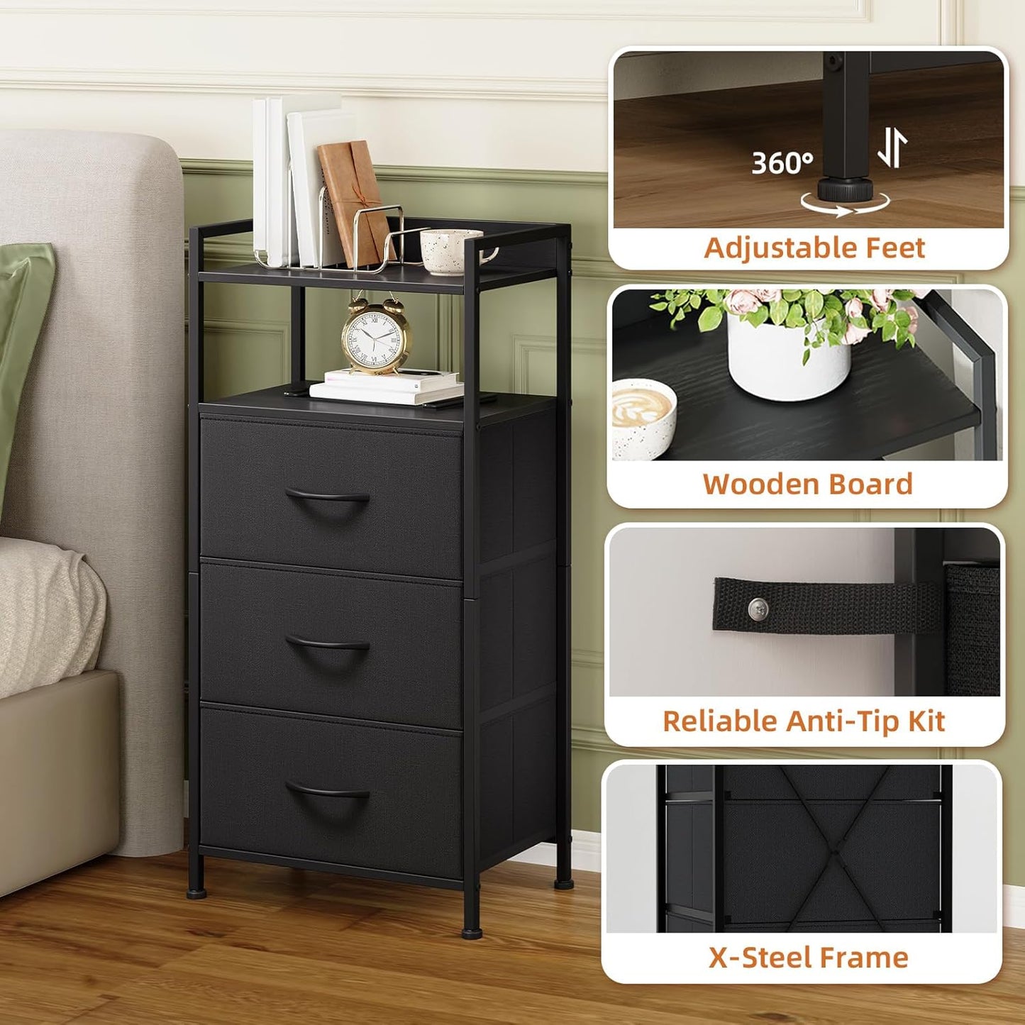 Somdot Nightstand with 3 Drawers, Dresser with Fabric Bins for Bedroom, Hallway, Entryway, Nightstand Bedside Table Furniture, Sturdy Steel Frame, Wooden Top, Easy Pull Fabric Bins, Black