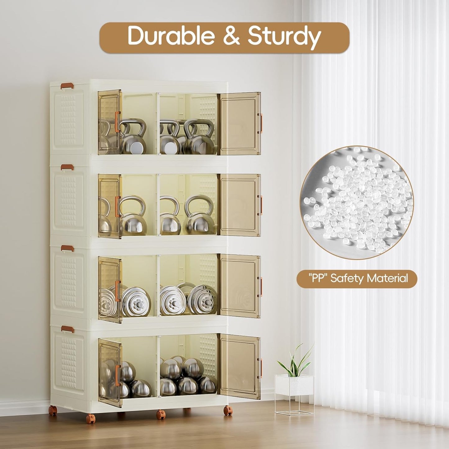 JEKO&JEKO 800Qt Foldable Storage Bins with Lids, Doors & Dividers, Stackable Plastic Drawers with Wheels for Home, Closet & Garage Organizer, 4 Pack, Cream