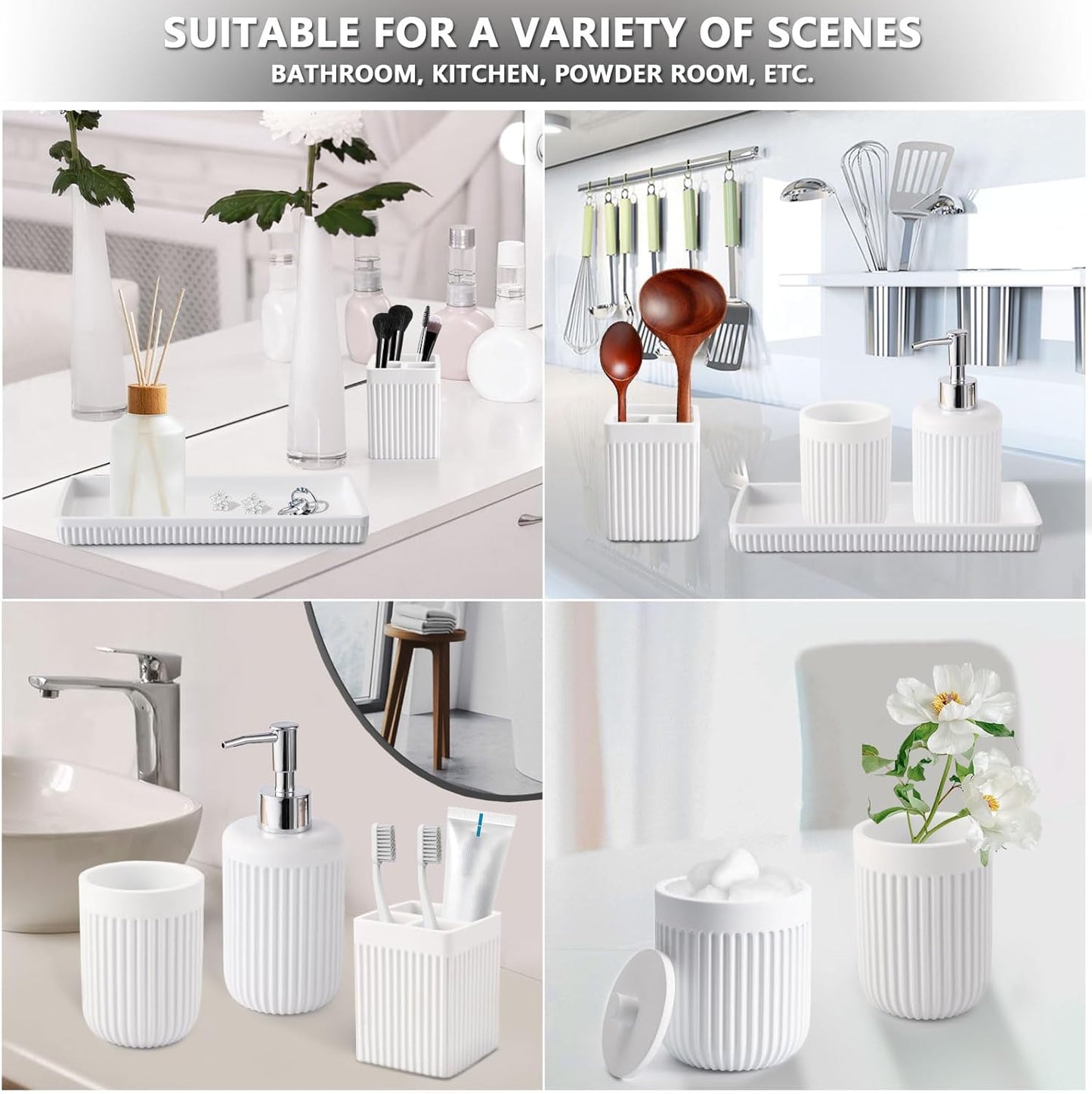 Resin White Bathroom Accessories Set 5 Pcs, Lotion Soap Dispenser, Toothbrush Holder, Bathroom Tumbler, Qtip Holder and Vanity Tray, Bathroom Countertop Organizer Set for Modern Home Apartment