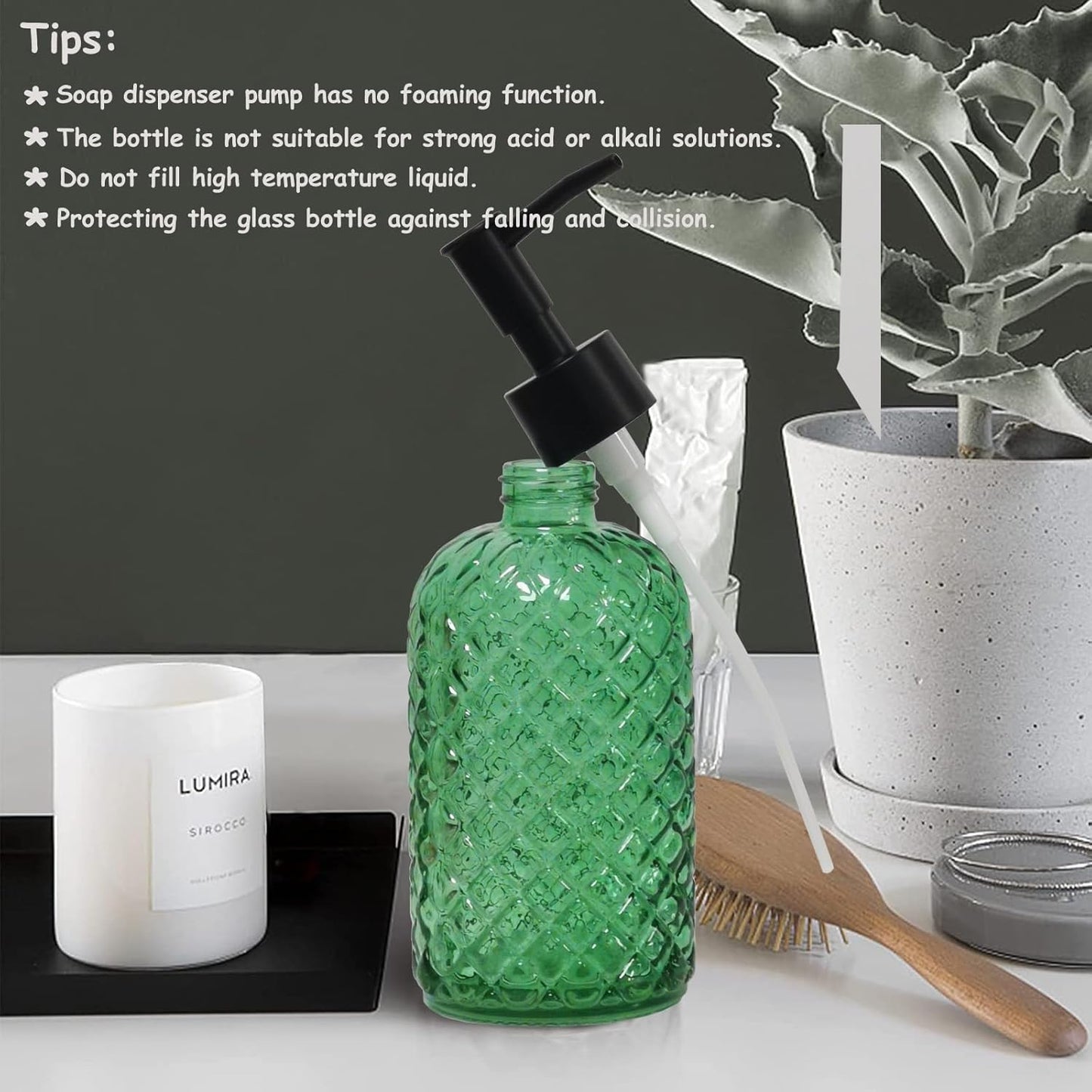 Green Glass Soap Dispenser with Black Pump, 13.5oz Liquid Hand Soap Dispenser Set, Dish Soap Lotion Dispenser for Modern Home Decor, Bathroom, Kitchen Countertop, Hotel(2 Pack)