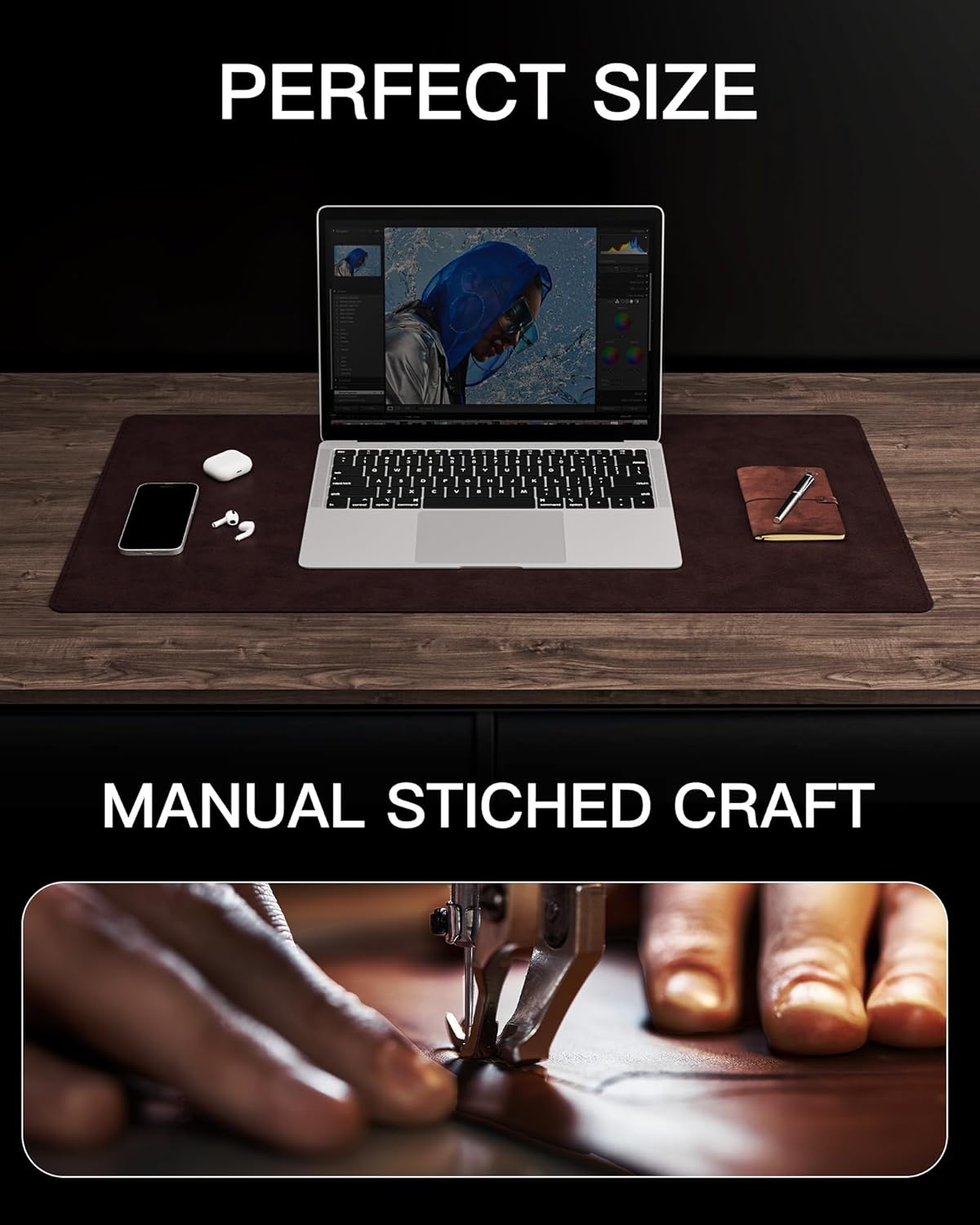 YSAGi Genuine Leather Desk Mat, 35.4"X17" Office Desk Pad, Thick Premium Table Pad with Stitched Line, Non-Slip Laptop Writing Pad with Rubber Base (Dark Brown, 35.4"x17")