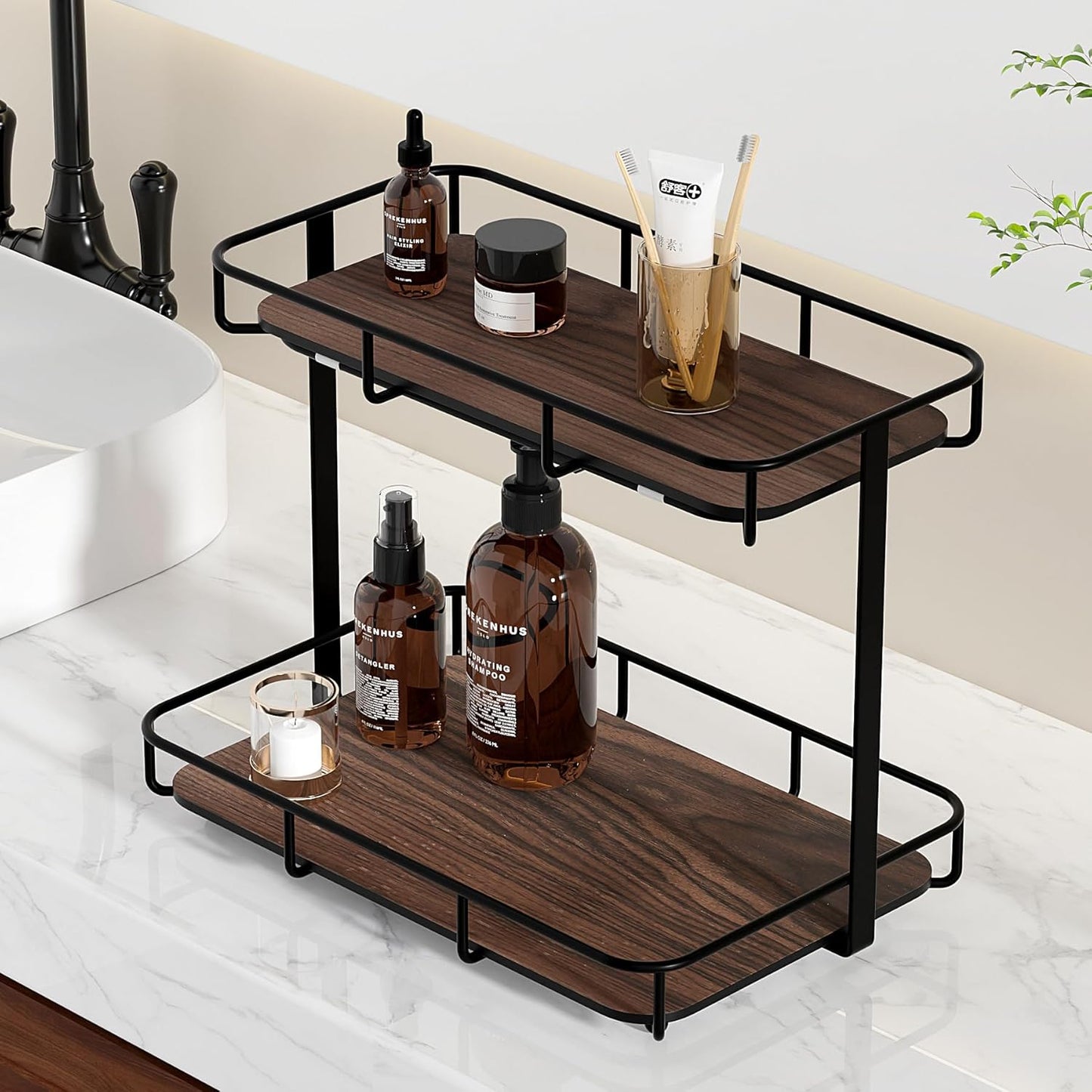 Bathroom Organizer Countertop Perfume Organizer Makeup Organizer Cosmetics Storage Display Rack Vanity Tray Dresser Stainless Steel Gold Shelf White Marble Ceramic Tray (2 Tier L-Black Wood)