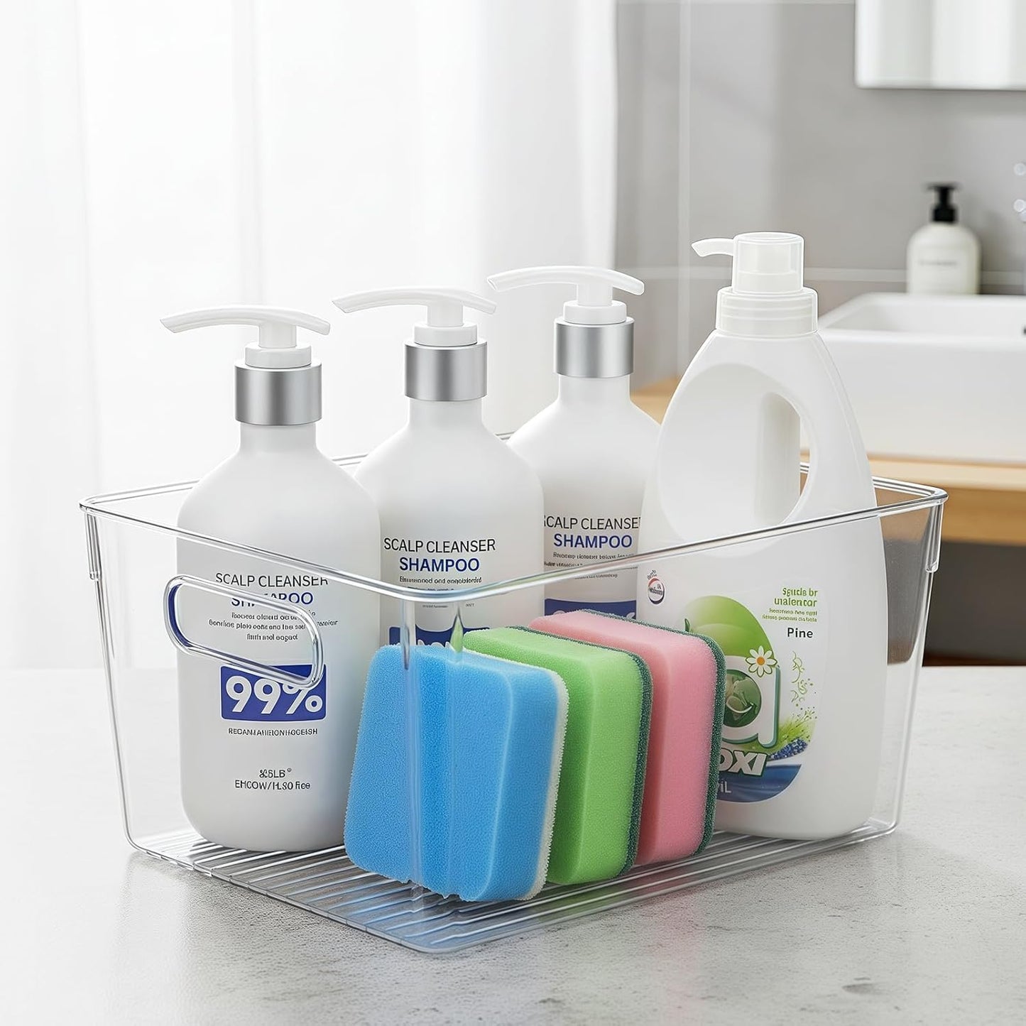 Clear Pantry Organizer Bins, Storage Containers & Plastic Containers with Handle, Cabinet Organizer, Home Organization Must Haves for Kitchen, Laundry Room, Office, Closet & Freezer (6 Pack)