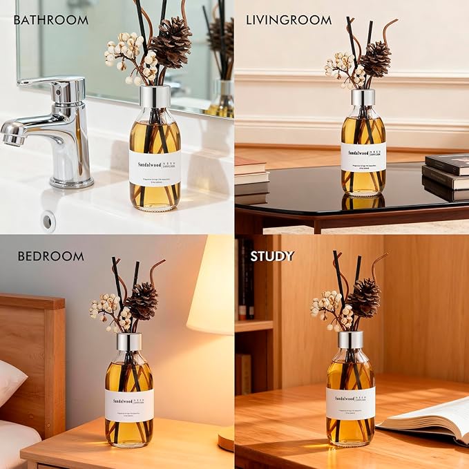 Clesh Reed Diffuser Set, 6.7 oz Sandalwood Scented Diffuser with Sticks, Home Fragrance Reed Diffuser for Bathroom Shelf Decor