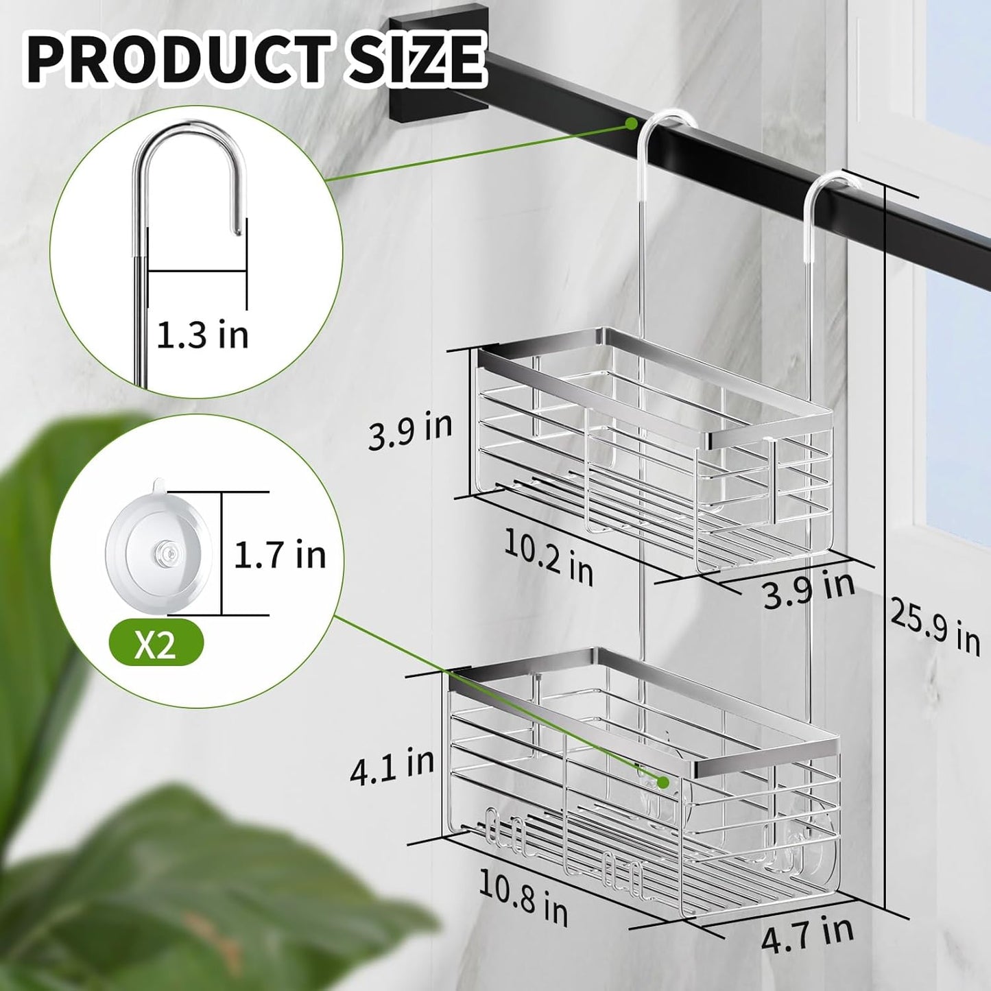 SHANSHUI Shower Hanging Caddy, Double Bathroom Showers Organizer Basket, Shampoo Bracket, Over Door Shower Rack with Hooks, 304 Stainless Steel Rustproof