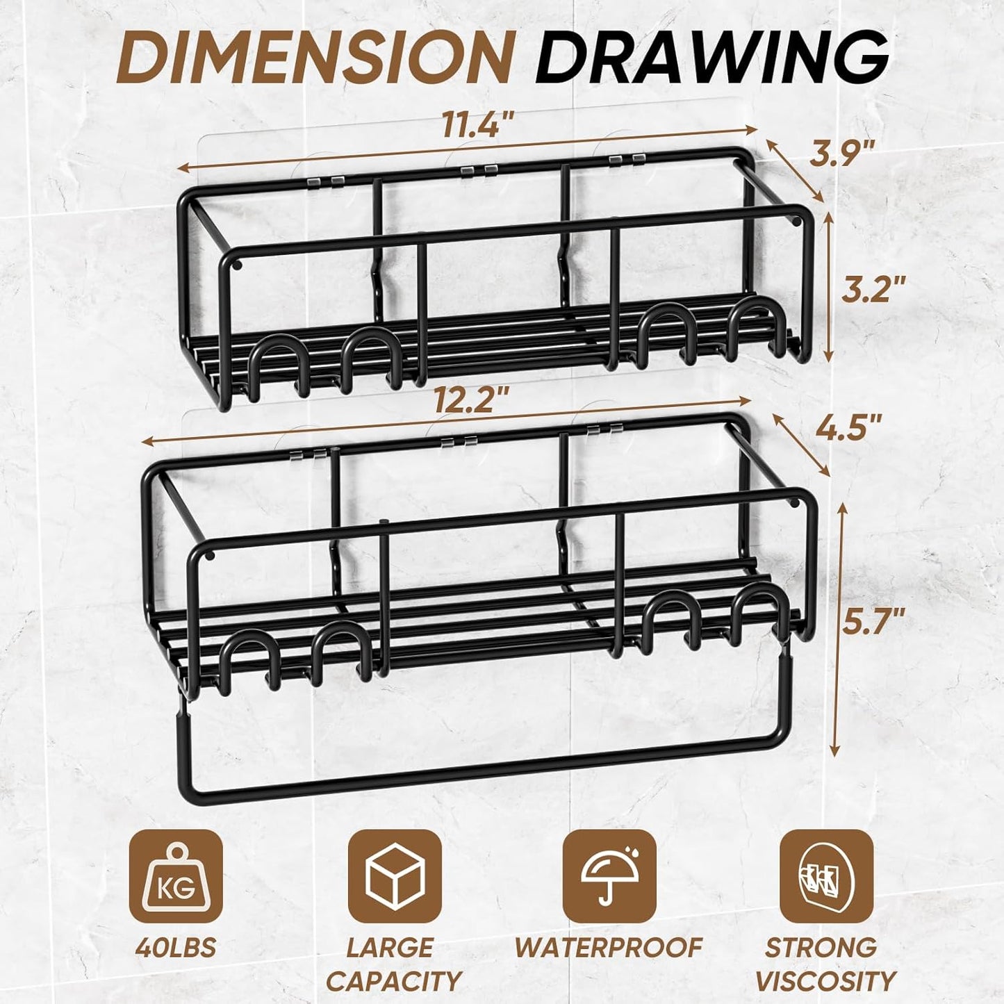 Adhesive Shower Caddy, Shower Shelves with Rustproof Coated, Wall Mounted Bathroom Organizer, Sleek Bathroom Organizers and Storage, No-Drilling (Black, 2 Pack)