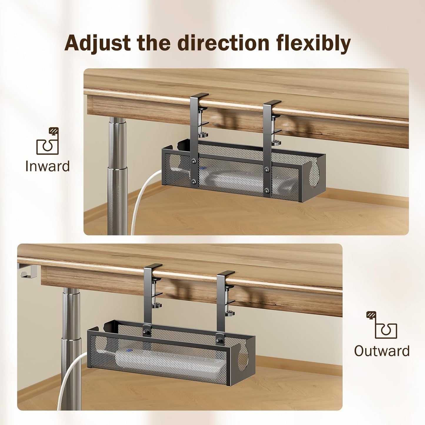 DELAMU Under Desk Cable Management Tray, No Drill Metal Mesh Cable Management Under Desk with F-Clamp Mount & 2 Open Holes, Cord Organizer for Home Office, 1 Pack, Black