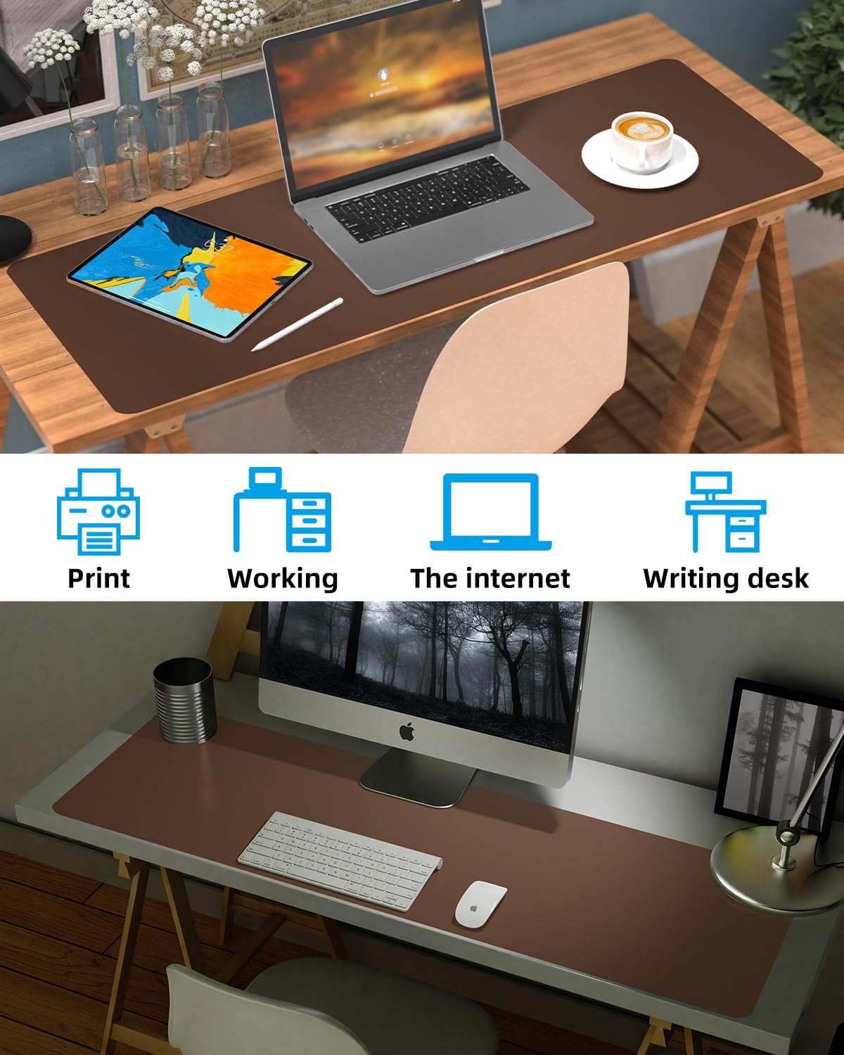 Leather Desk Pad Protector,48"x 17"Desk Mat Large, Mouse Pad, Non-Slip PU Leather Desk Blotter,Waterproof Desk Pad for Office/Home Brown