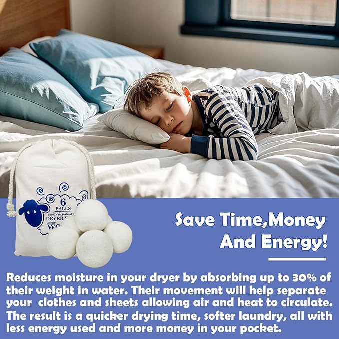 Reusable Wool Dryer Balls for Laundry, 6-Pack Handmade Drying Balls 2.36 in, Natural Fabric Softener, Helps Soften Clothes and Shorten Drying Time, with Cotton Storage Bag