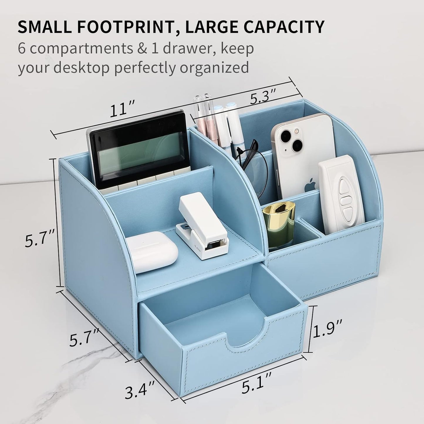 KINGFOM Pu Leather Desk Organizer Pen Pencil Holder Office Supplies Caddy Storage Box 6 Compartments with Drawer Blue
