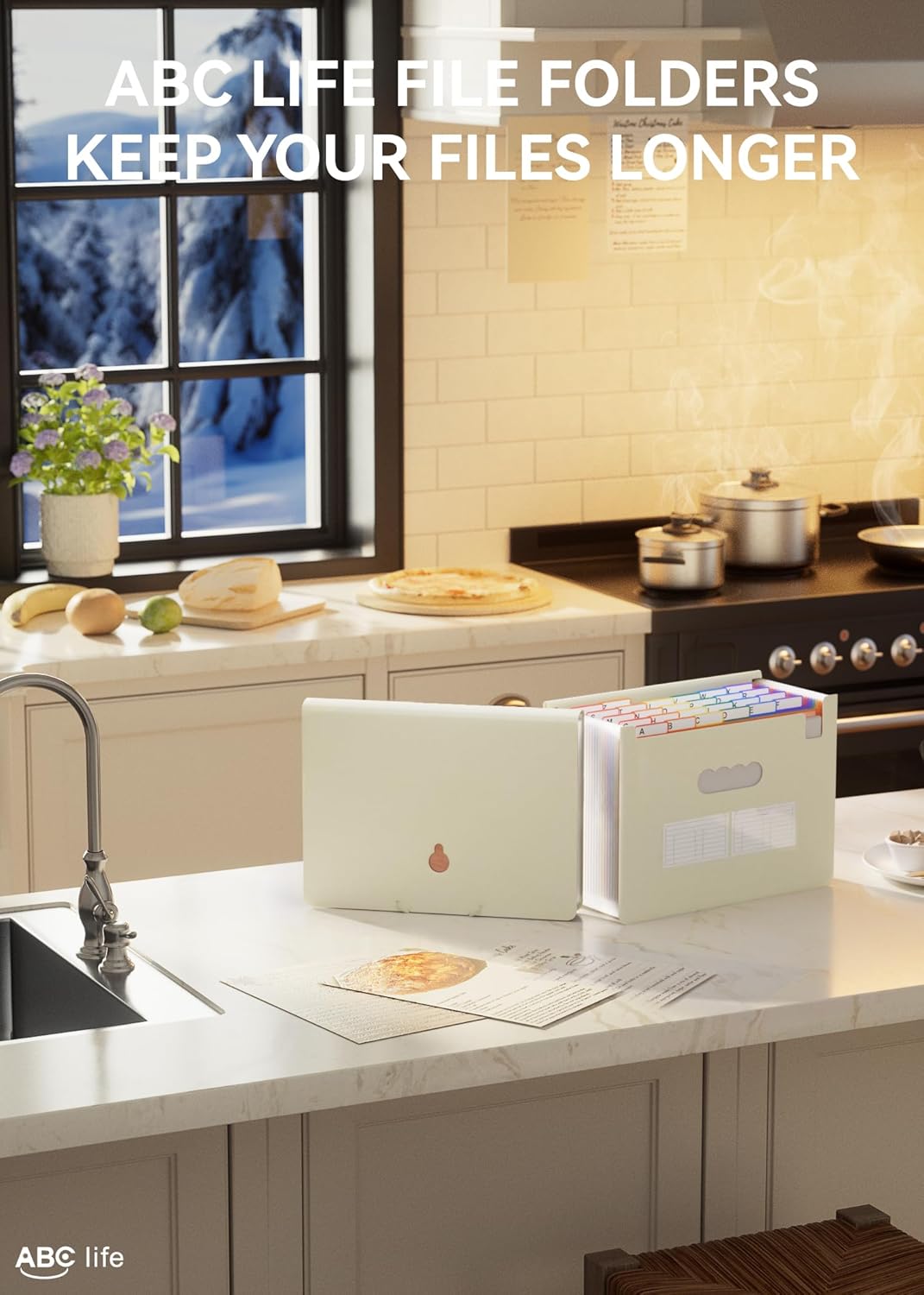 ABC life 26 Pockets Accordion File Organizer, Expanding File Folder, Portable Monthly Paper Bill Tax Receipt Organizer, Letter A4 Size Document Organizer with Blank Labels - Beige Color