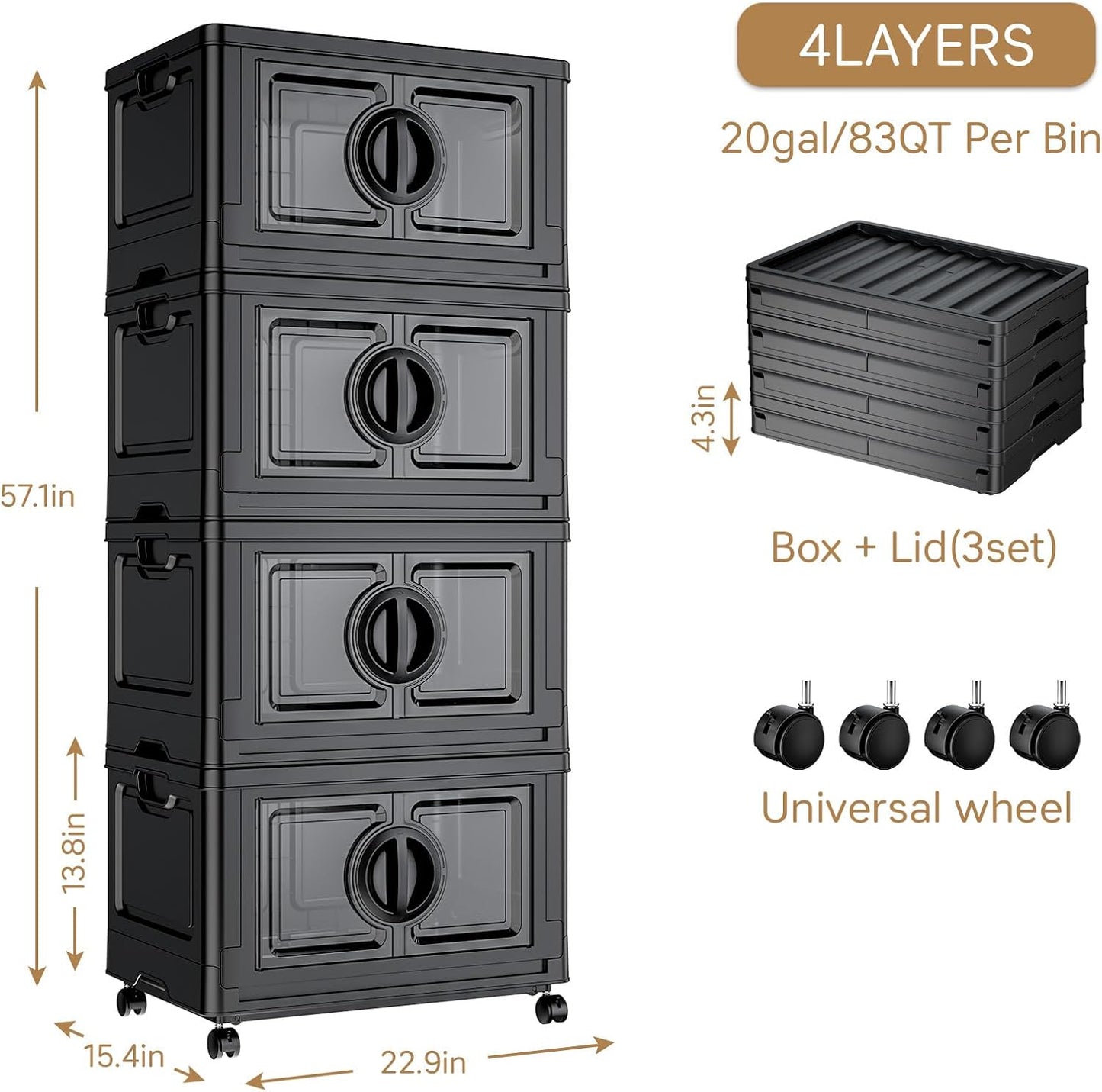 JEKO&JEKO 581Qt Lockable Stackable Storage Bins with Lids, Collapsible Closet Organizer with Wheels, Plastic Cabinet Drawer for Clothes, Dorm Room 7 Pack (Black)