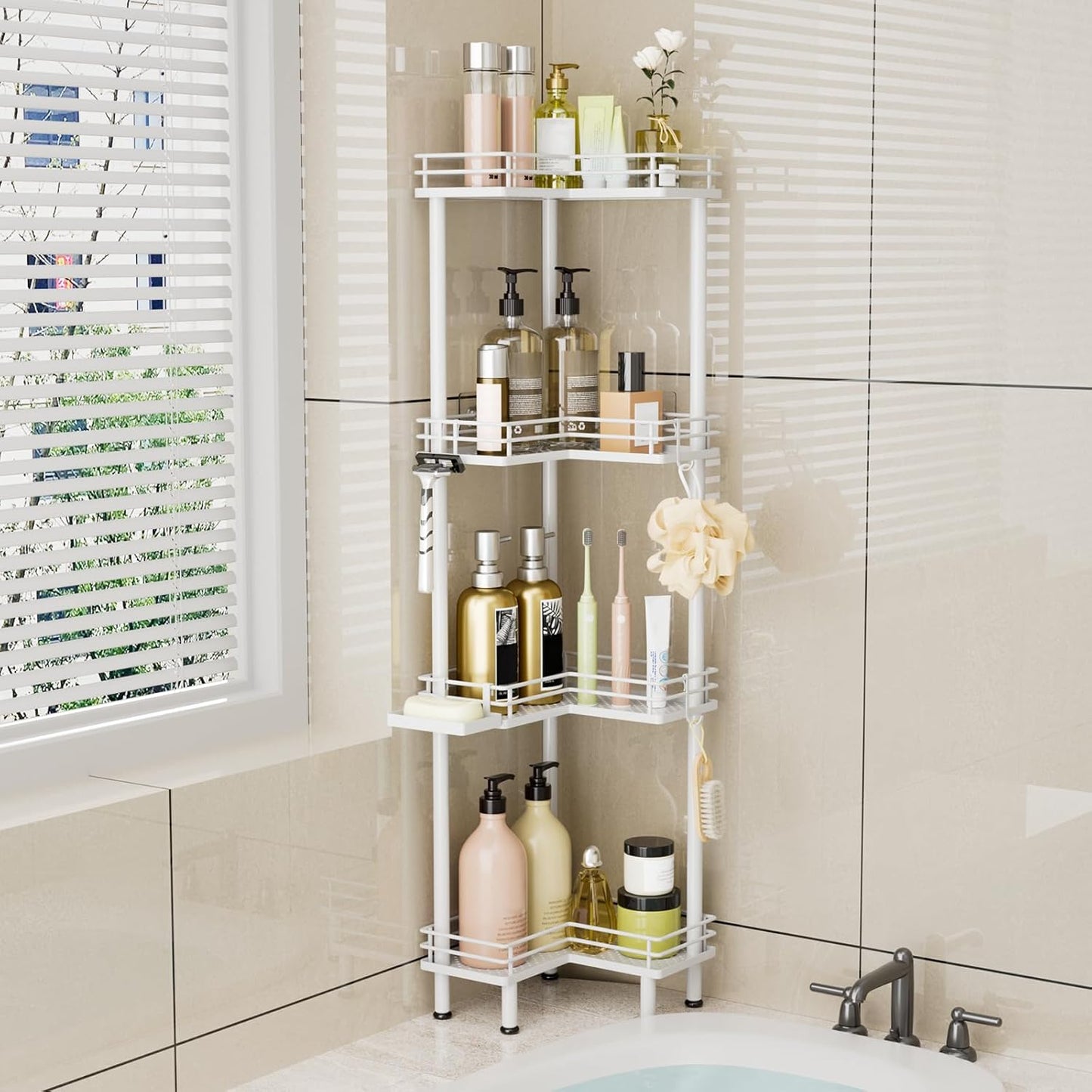 Consumest Corner Shower Caddy Standing - 4-Tier Stainless Steel Shower Organizer with Soap Holder and 4 Hooks, Large Capacity Corner Shelf Stand for Bathroom, Rest Room, White