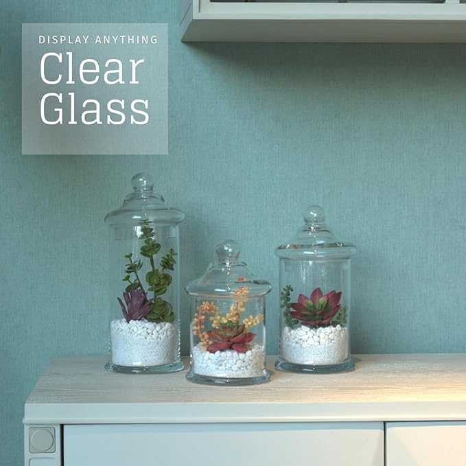 Set of 3 Glass Apothecary Jars with Lids, Clear Bathroom Storage Organizer Canister Set for Qtips, Cotton Swabs, Cotton Balls, Bath Salts (H: 11", 8.5", 7.5", D: 5"; 23 FL.OZ, 34 FL.OZ and 45 FL.OZ)