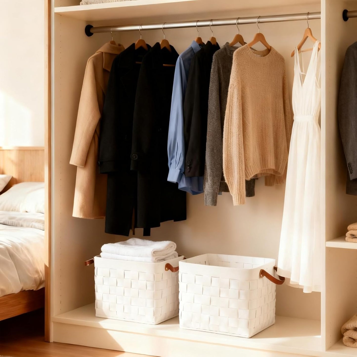 boldmonkey Storage Basket 3 Pack, 13" x13" x13 Large Blanket Baskets with Leather Handle, Cube Felt Fabric Storage Box for Shelves, Bedroom, Nursery, Living Room - Beige