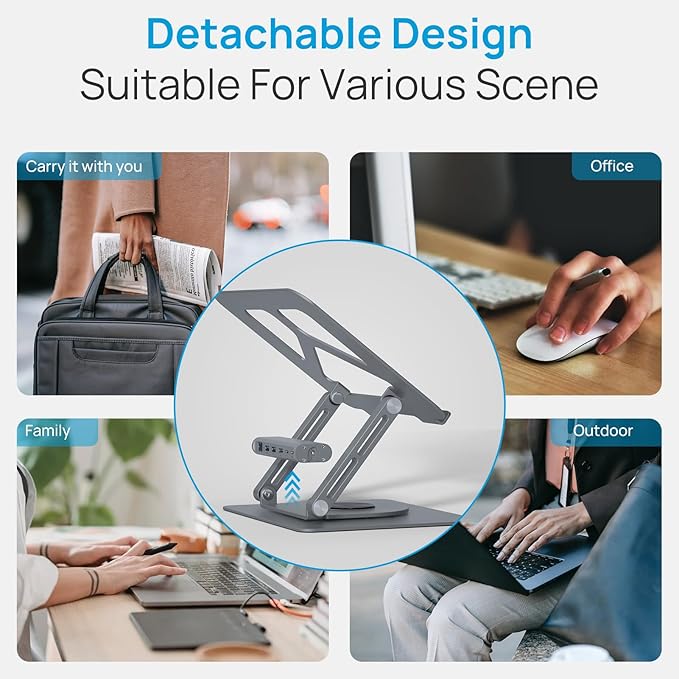 Adjustable Laptop Stand with 360 Rotating Base & USB Docking Station for MacBookPro/Air/Dell/HP/Lenovo, Portable Ergonomic Laptop Riser for Desk with USB Hub 100W PD/4K HDMI/Usb3.0/1000Mbps Ethernet