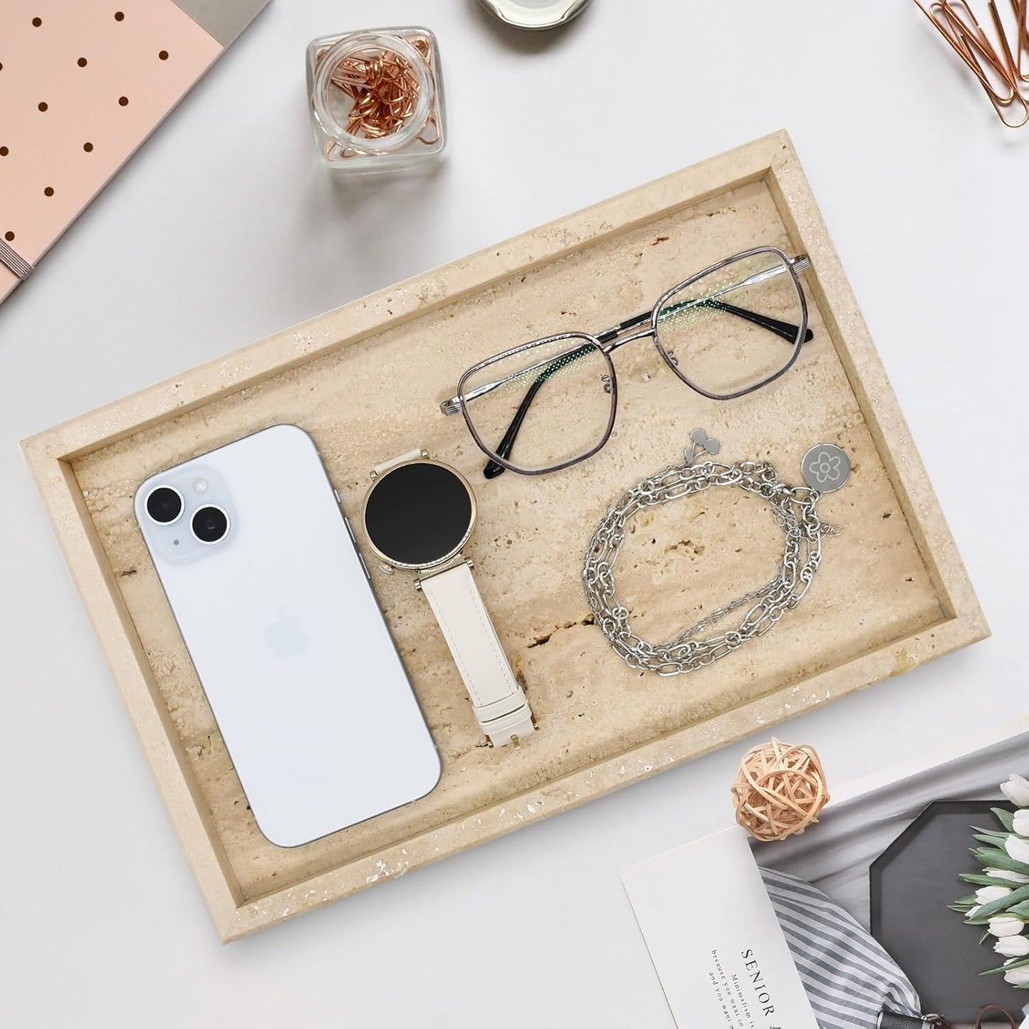 Real Natural Travertine Tray for Bathroom, Vanity, Kitchen and Desktop, Rectangle Genuine Travertine Stone Tray for Jewelry, Cosmetics, Candles, Lotion, Perfume and Home Decor