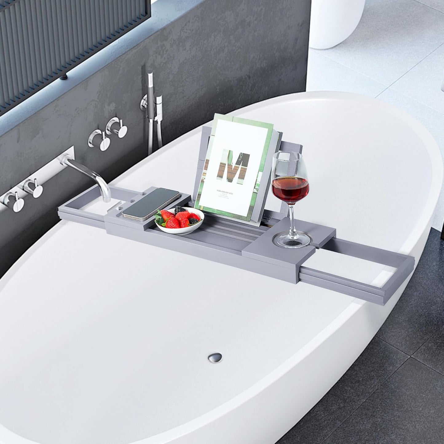 Utoplike Bathtub Tray Caddy Bamboo, Grey Bath Table for Tub Adjustable, Bathroom Organizer with Book Tablet Wine Glass Cup Towel Holder